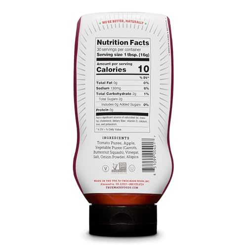 True Made Foods No Sugar Added Ketchup 17oz 2 Pack Condiment Squeeze Bottles