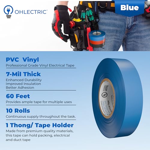 Professional Grade Vinyl Blue Electrical Tape with Easy-to-Use Holder Chain