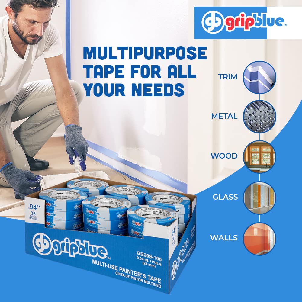 Secure Blue Masking Tape with 36 Rolls of Precision 1-inch Wide Durable