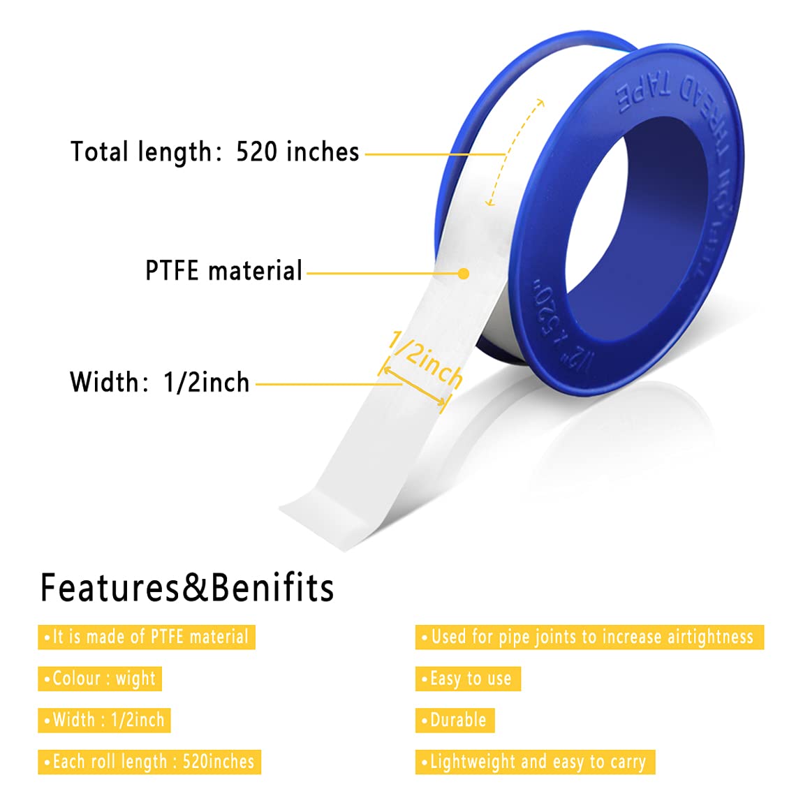 VOTMELL8 Rolls Teflon Tape 12 Inch x 520 Inches White