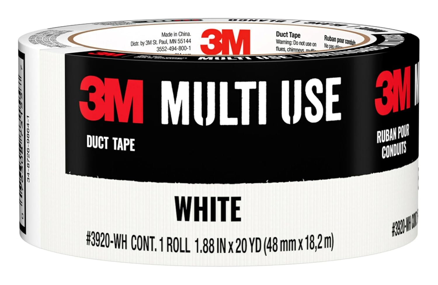 3M White Duct Tape 1 Roll 188x20Yds Multi-Surface Ergonomic Design Strong Adhesive