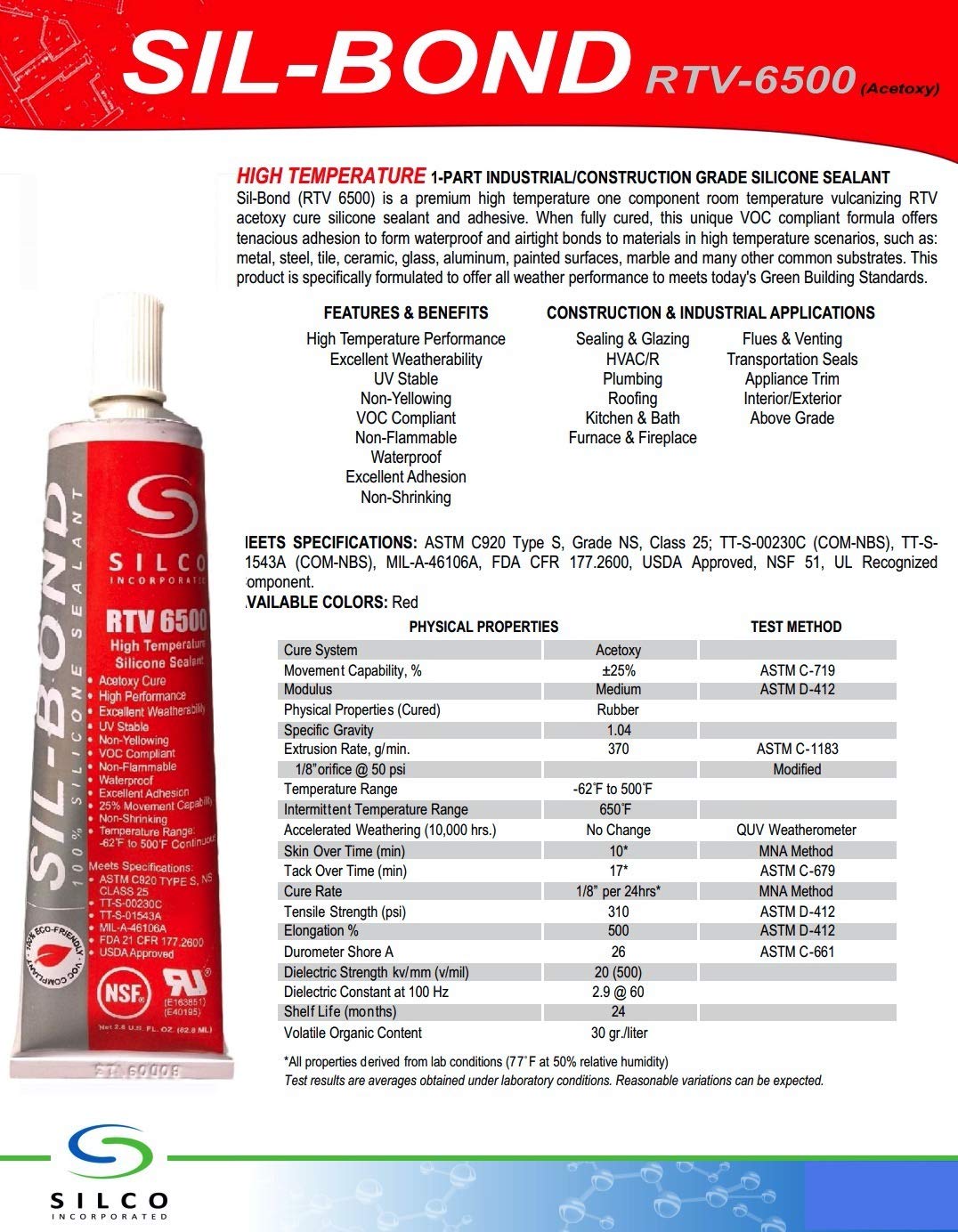 Silicone Adhesive Red RTV 6500 Industrial Construction Grade