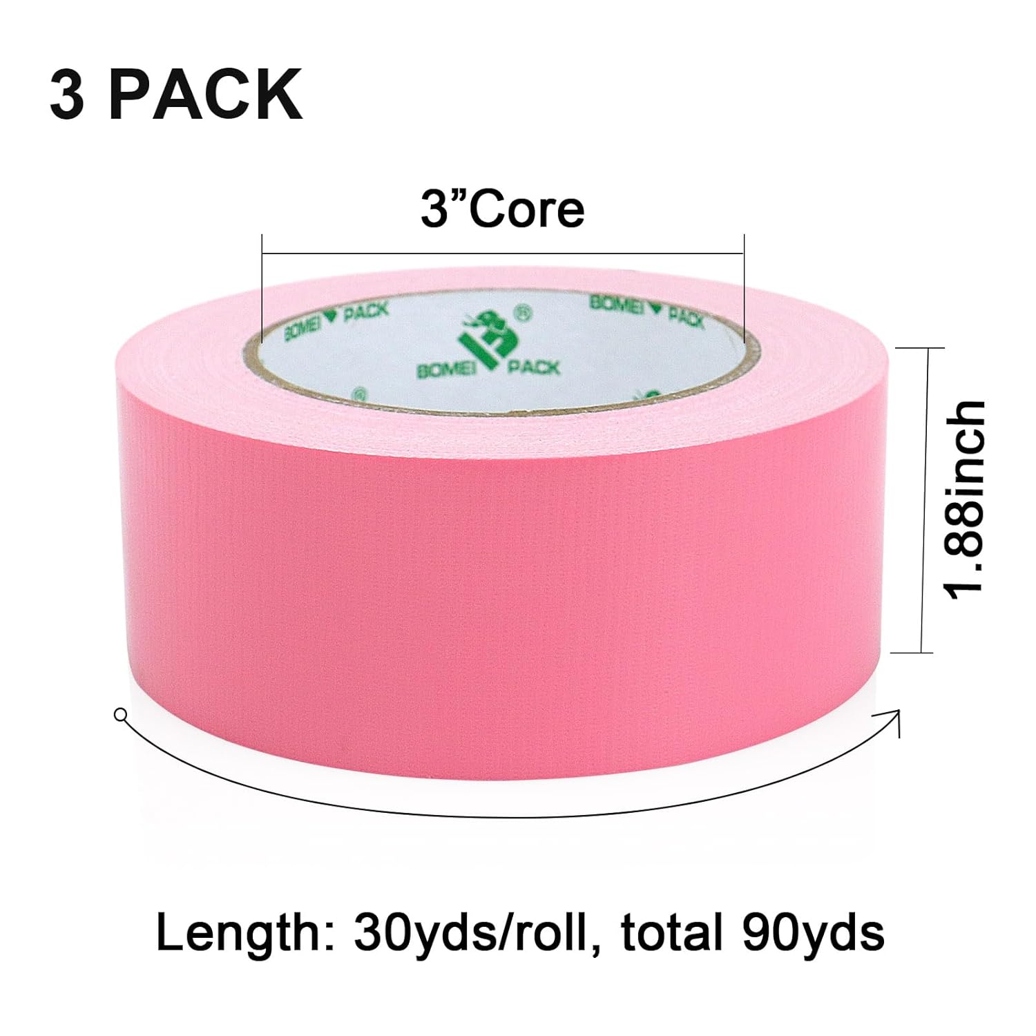 Bomei Pack Pink Duct Tape 3 Rolls 9mil x 188inch x 30yds