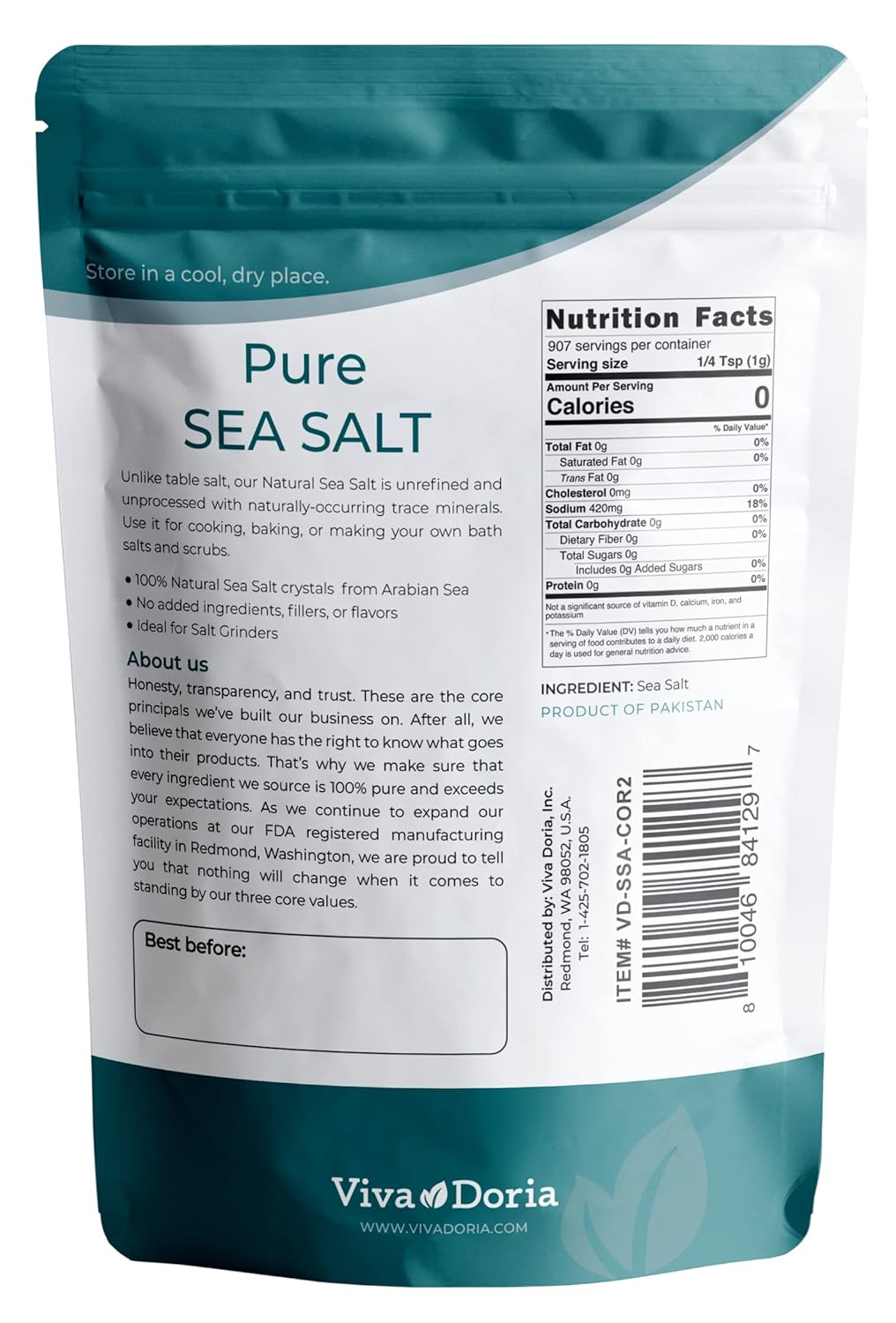 Viva Doria Pure Sea Salt Coarse Grain 2 lb - Perfect Gift
