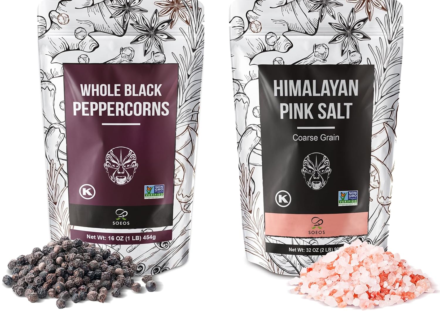 Soeos Black Peppercorns Pink Himalayan Salt 2-Piece Set