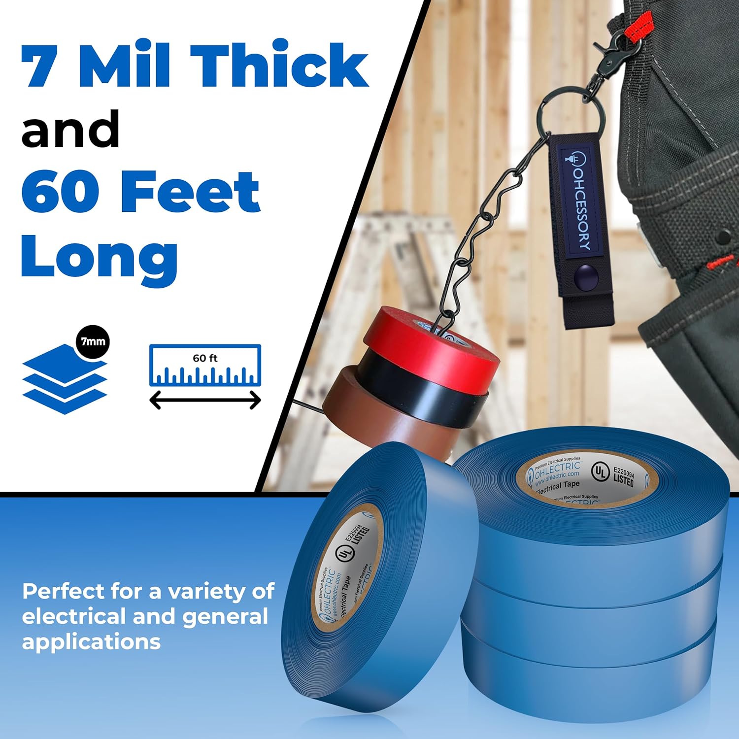Professional Grade Vinyl Blue Electrical Tape with Easy-to-Use Holder Chain