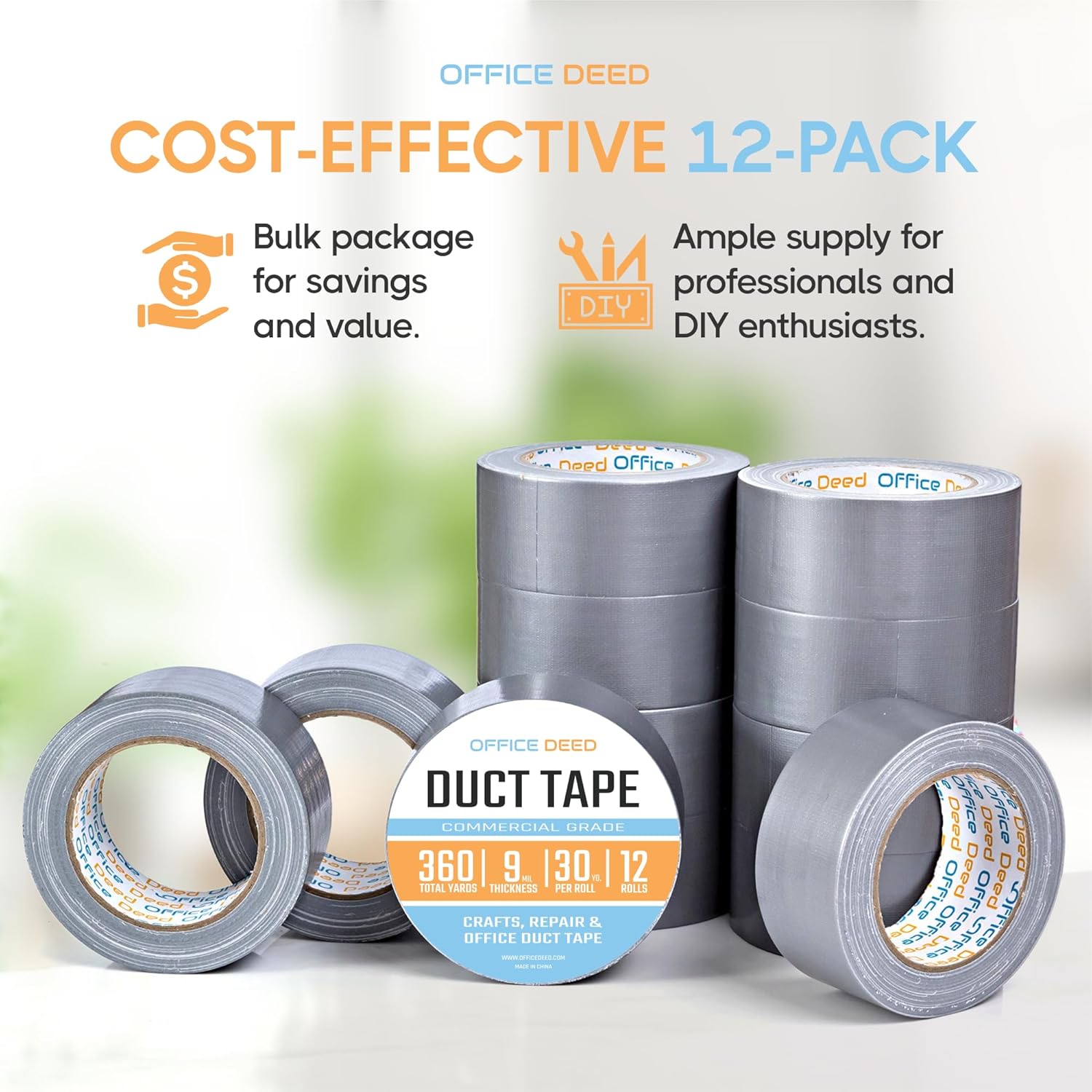 Office Deed 12-Roll Heavy Duty Duct Tape Bulk Pack 360 Yards