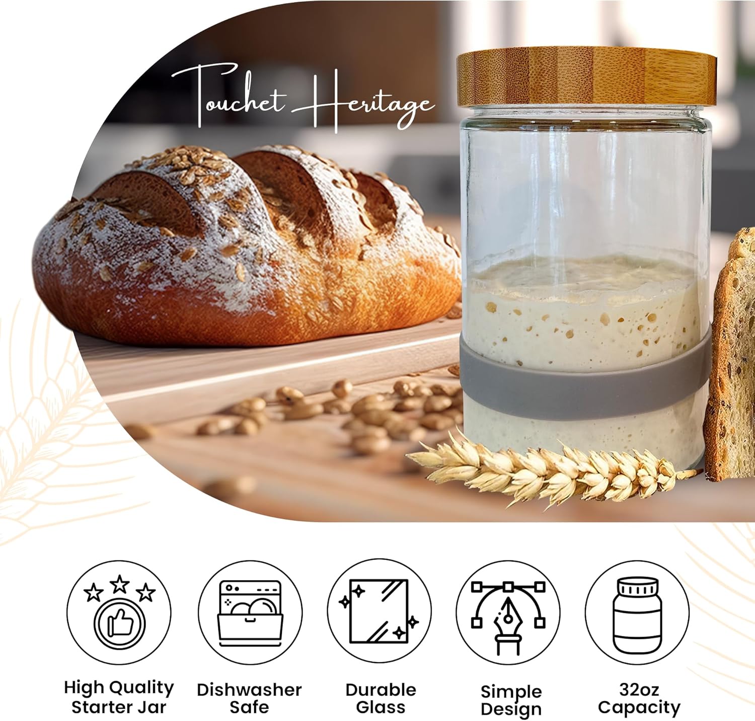 Sourdough Starter Jar with Bamboo Lid Durable Glass for Fermenting Sourdough