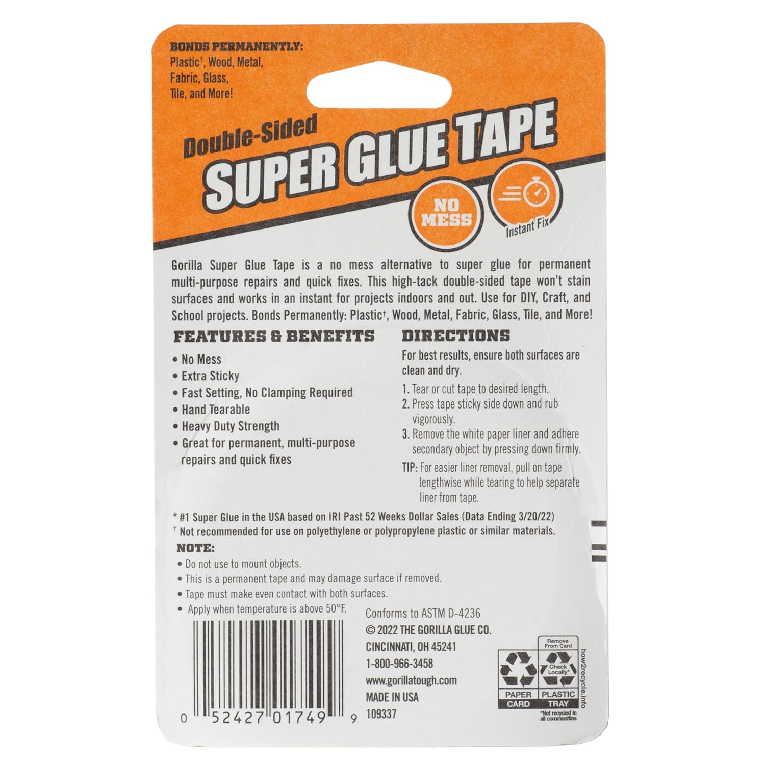 Gorilla Super Glue Tape 5 8in x 20ft Clear Pack of 1