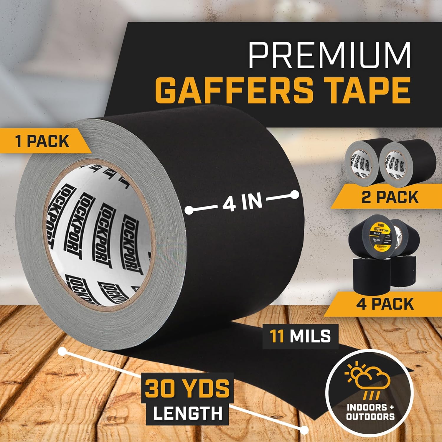 LOCKPORT BLACK GAFFERS TAPE 4IN X30YD - 2PACK PRO