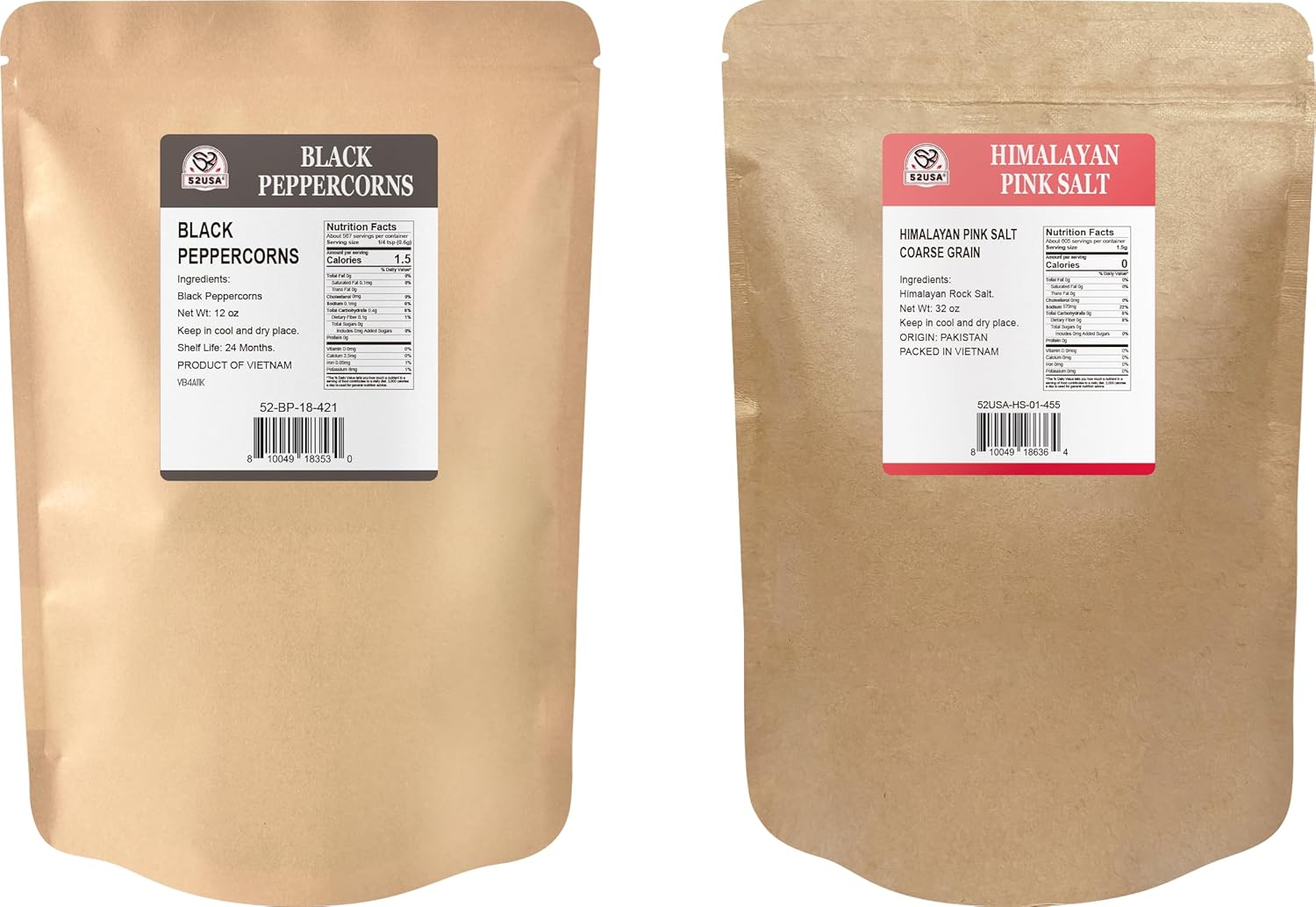 52USA Black Peppercorns Pink Himalayan Salt Set