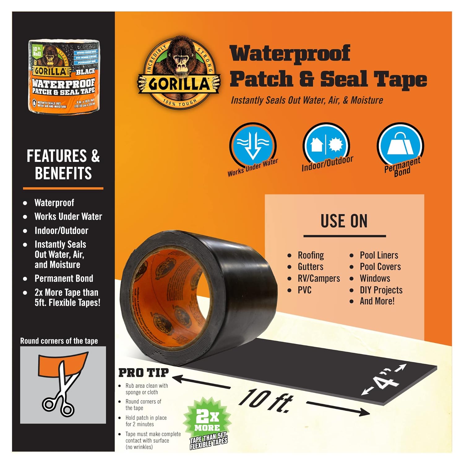 GoRilla Waterproof Patch Seal Tape - 4x10 - Ind Sci Adhes Tapes