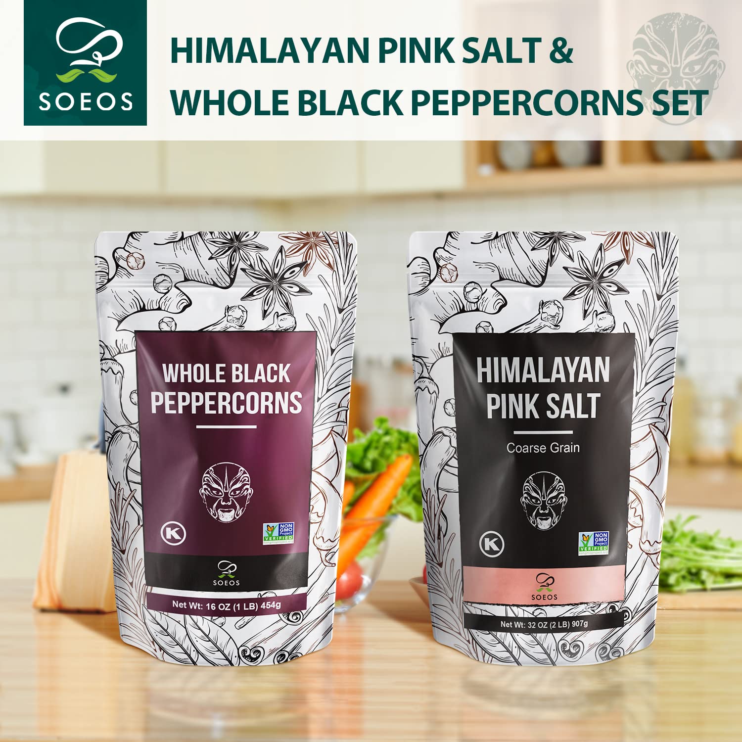 Soeos Black Peppercorns Pink Himalayan Salt 2-Piece Set
