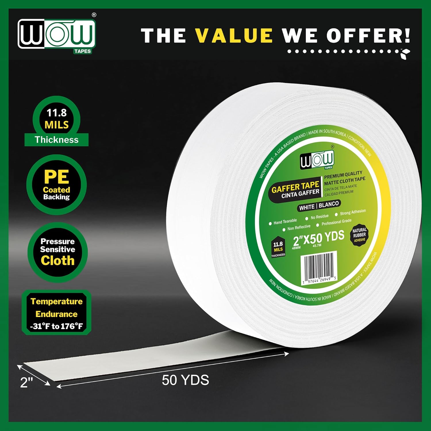Wow Gaffers Tape 2 Inch White - 50 Yards Pack of 6