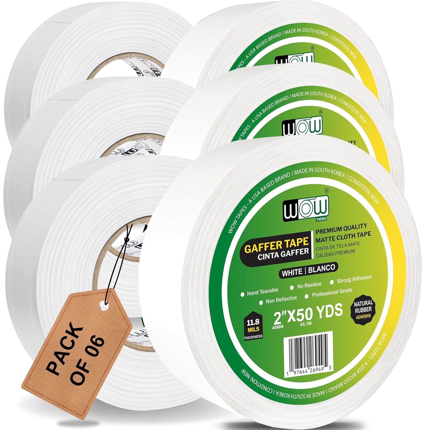 Wow Gaffers Tape 2 Inch White - 50 Yards Pack of 6