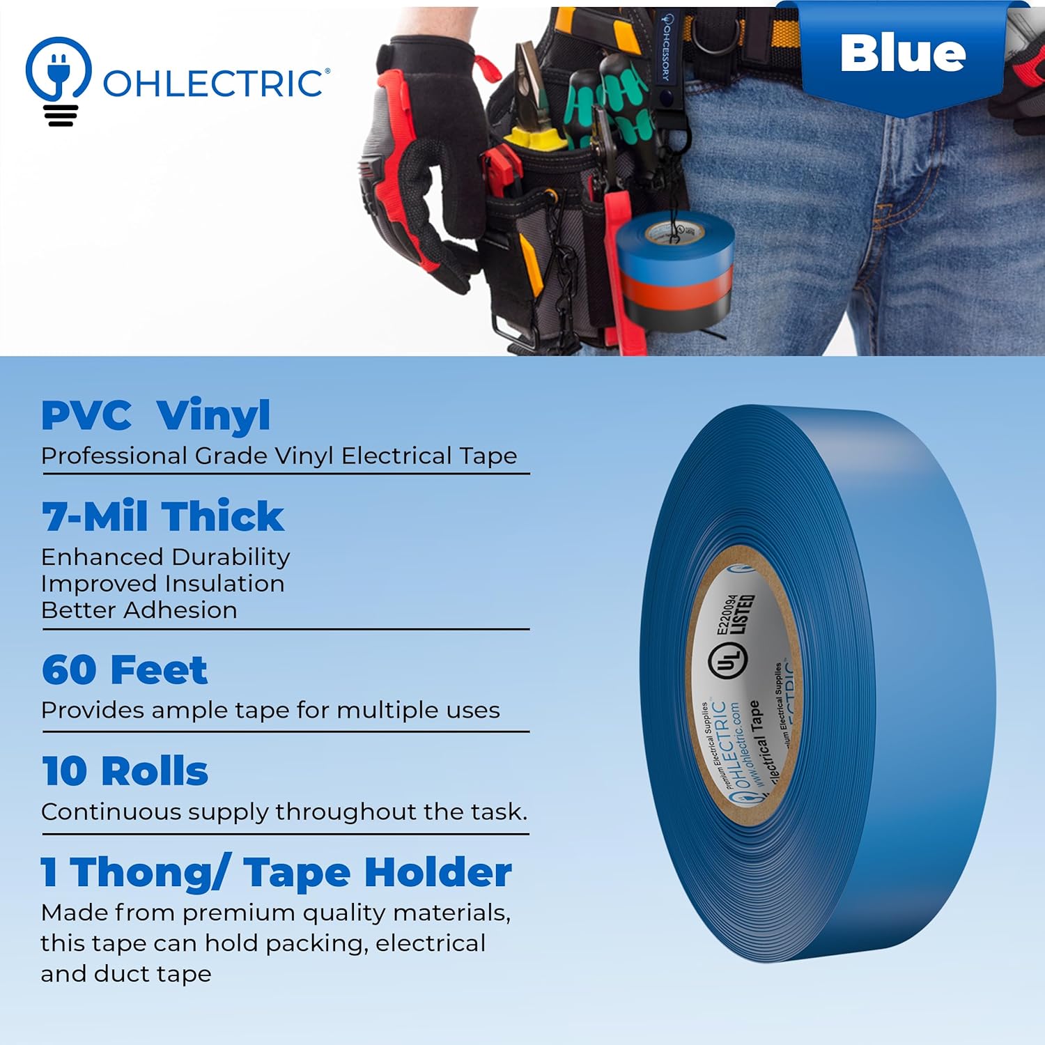 Professional Grade Vinyl Blue Electrical Tape with Easy-to-Use Holder Chain