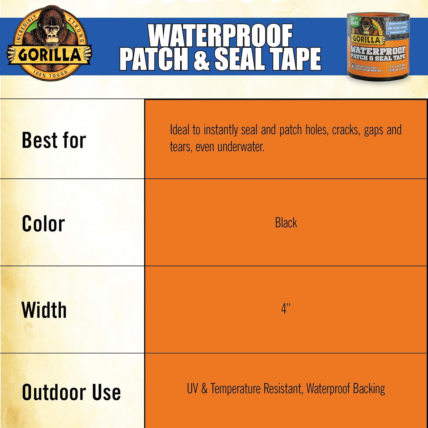 GoRilla Waterproof Patch Seal Tape - 4x10 - Ind Sci Adhes Tapes
