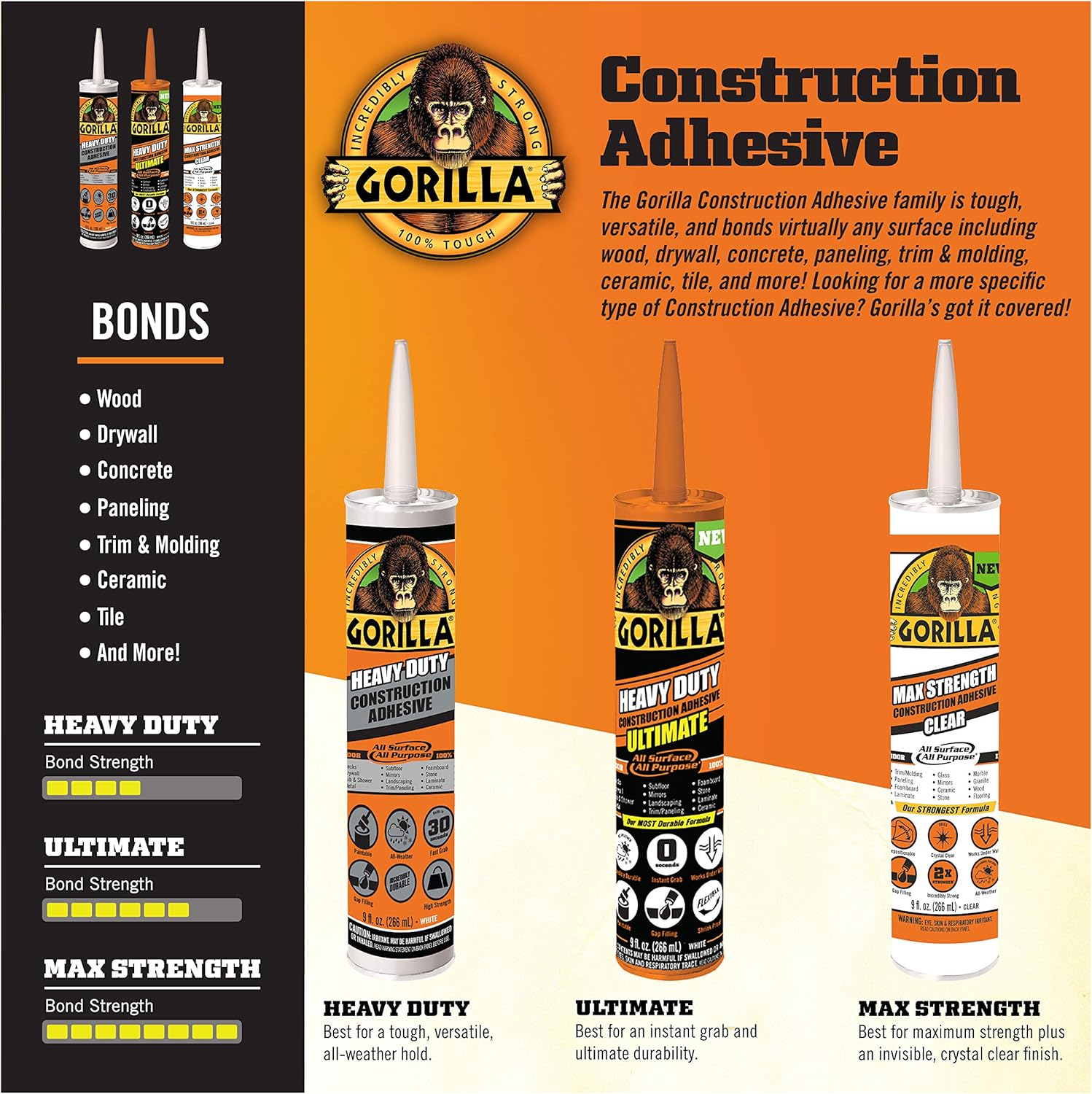 Gorilla Heavy Duty Construction Adhesive 25oz Squeeze Tube